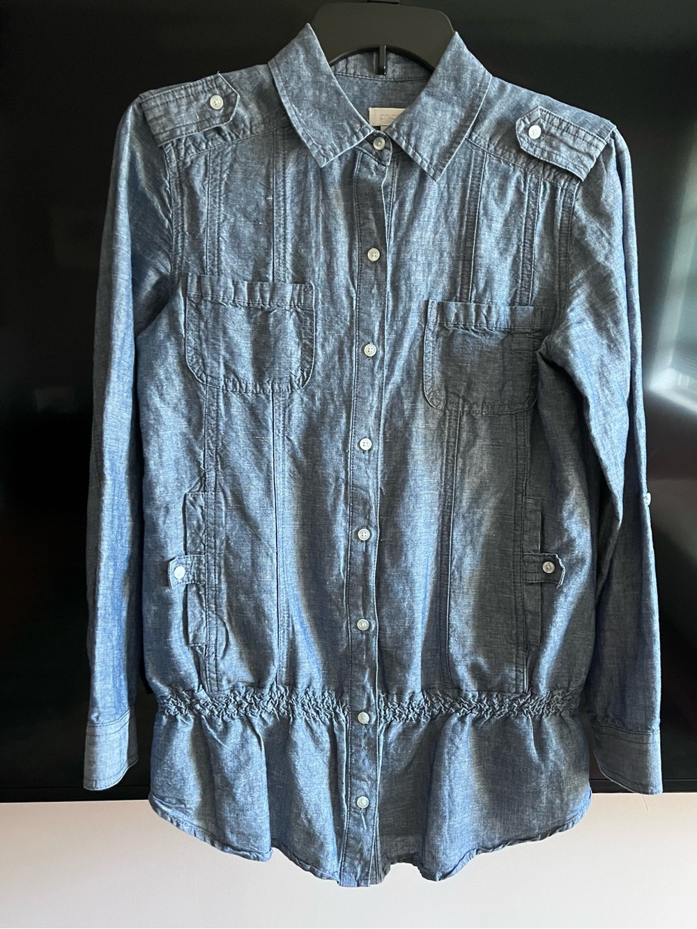 Chambray Linen Blend Peplum Utility Button Down Top